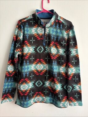 Southwestern Pattern Quarter-Zip Pullover — Black, Teal & Orange